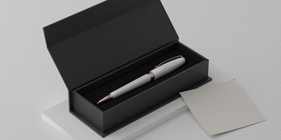 White pen in a premium box with a note 3D Illustration ของ Premium สินค้าพรีเมี่ยมบริษัท
